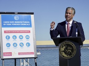 California Attorney General Rob Bonta speaks at a news conference announcing a lawsuit against manufacturers of toxic chemicals in San Francisco, on Thursday, Nov. 10, 2022. A lawsuit filed by the state of California accuses 3M, Dupont and 16 other companies of covering up the harm caused to the environment and the public after the firms manufactured chemicals that have over decades found their way into waterways and human bloodstreams.