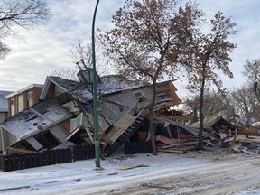 The remains of a home which was destroyed in an explosion is seen in Regina in a Sunday, Nov. 13, 2022, handout photo which was published to social media. Regina Fire continues to investigate the explosion.