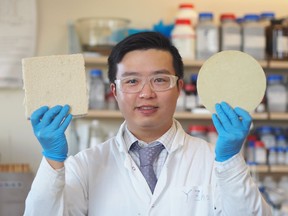 University of British Columbia post-doctoral fellow Yeling Zhu shows samples of biofoam, a biodegradable packing foam made from wood waste, in a Nov. 5, 2022, handout photo.