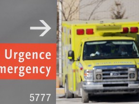An ambulance is shown outside a hospital in Montreal, Saturday, Jan. 15, 2022. A Quebec coroner is calling on the province to review its pre-hospital services after a seven-month old from a remote First Nations community died after an hours-long delay in getting her to hospital.