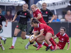 Canada's Julia Schell carries the ball during second half action Senior Women's 15s test match rugby against Wales in Halifax on Saturday, Aug. 27, 2022. Third-ranked Canada looks to advance to the Women's Rugby World Cup final by upsetting top-ranked England in semifinal play at Eden Park. nbsp;THE CANADIAN PRESS/Andrew Vaughan