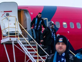 The Toronto Argonauts arrive at Regina International Airport on Tuesday, Nov. 15, 2022. Grey Cup week in Regina kicked into high gear with Tuesday's arrival of the CFL championship combatants.
