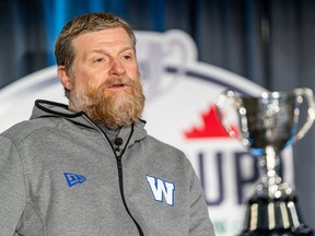 Winnipeg Blue Bombers head coach Mike O'Shea speaks during the head coaches' media conference ahead of the Grey Cup at the Queensbury Convention Centre in Regina, on Wednesday, November 16, 2022. The Winnipeg Blue Bombers will be playing against the Toronto Argonauts in the 109th Grey Cup on Sunday.