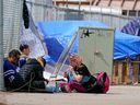 A homeless encampment in downtown Edmonton is pictured on April 22.