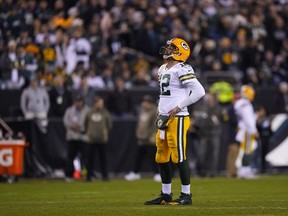 Green Bay Packers quarterback Aaron Rodgers reacts during the second half of an NFL football game against the Philadelphia Eagles, Sunday, Nov. 27, 2022, in Philadelphia.