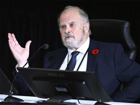 Jim Willett, mayor of Coutts, Alta., appears at the Public Order Emergency Commission, in Ottawa, on Wednesday, Nov. 9, 2022.
