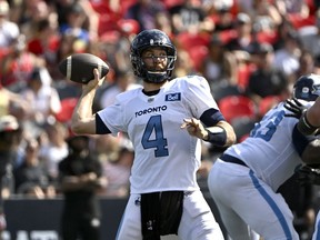 Toronto Argonauts quarterback McLeod Bethel-Thompson (4) throws the ball during first half CFL football action against the Ottawa Redblacks, in Ottawa on Saturday, Sept. 10, 2022.League passing leader Bethel-Thompson and CFL outstanding player award winner Zach Collaros top the respective divisional all-star teams.THE CANADIAN PRESS/Justin Tang