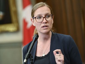 Minister of Families, Children and Social Development Karina Gould speaks to reporters before heading to Question Period in the House of Commons on Parliament Hill in Ottawa on Thursday, June 23, 2022.