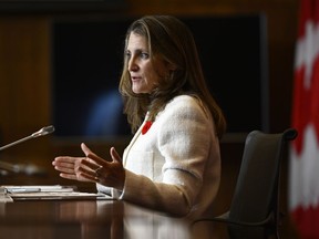 Deputy Prime Minister and Minister of Finance Chrystia Freeland holds a news conference before tabling the Fall Economic Statement in Ottawa, on Thursday, Nov. 3, 2022.&ampnbsp;Experts say the federal government's proposed corporate share buyback tax is unlikely to encourage companies to spend more on growing their operations.