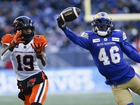 Winnipeg Blue Bombers' Desmond Lawrence (46) knocks down a pass intended for BC Lions' Dominique Rhymes (19) during the first half of CFL western final action in Winnipeg, Sunday, Nov. 13, 2022.