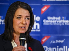 United Conservative Party Leader and Premier Danielle Smith celebrates her win in a byelection in Medicine Hat, Alta., Tuesday, Nov. 8, 2022.