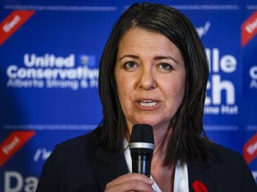 United Conservative Party Leader and Premier Danielle Smith celebrates her win in a by-election in Medicine Hat, Alta., Tuesday, Nov. 8, 2022. All of Alberta's treaty chiefs have come together to oppose Premier Danielle Smith's proposed sovereignty act.