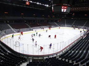 Calgary Flames skates during a training camp practice in Calgary, Alta., Thursday, Sept. 22, 2022. Just like the teams they follow, radio broadcast crews around the NHL and NBA are essentially back to normal after a couple years of pandemic-related challenges.