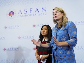 Minister of Foreign Affairs Melanie Joly and Minister of International Trade, Export Promotion, Small Business and Economic Development Mary Ng speak to reporters during the ASEAN Summit in Phnom Penh, Cambodia.