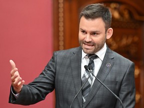 Parti Quebecois Leader Paul St-Pierre Plamondon speaks to guests after he was sworn in, during a ceremony at the legislature in Quebec City, Friday, Oct. 21, 2022.