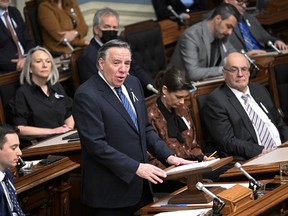 Quebec Premier François Legault presents his inaugural speech at the legislature in Quebec City, Wednesday, Nov. 30, 2022. The Quebec government will spend the next four years attempting to reverse the decline of French in Montreal and transforming Quebec's economy while reducing greenhouse gas emissions, Premier François Legault said Wednesday.
