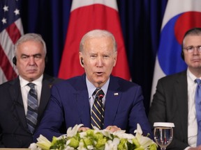 U.S. President Joe Biden meets with South Korean President Yoon Suk Yeol and Japanese Prime Minister Fumio Kishida on the sidelines of the Association of Southeast Asian Nations (ASEAN) summit, Sunday, Nov. 13, 2022, in Phnom Penh, Cambodia.