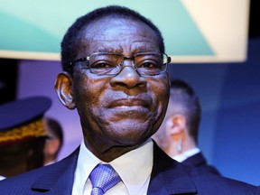 FILE - Equatorial Guinea President Teodoro Obiang Nguema Mbasogo is pictured at the start of the Paris Peace Forum, Nov. 12, 2019 in Paris. Equatorial Guinea President Teodoro Obiang Nguema Mbasogo, Africa's longest-serving ruler, was poised Sunday Nov. 20, 2022, to extend his 43 years in power in the oil-rich country after only two opposition candidates decided to run against him.