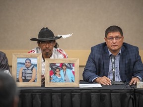 Mark Arcand, right, who's sister Bonnie Burns and nephew Gregory (Jonesy) Burns were killed during a series of violent attacks at James Smith Cree Nation and Brian (Buggy) Burns, left, Bonnie Burns's husband, speak to media at a press conference in Saskatoon on Wednesday, Sept. 7, 2022.