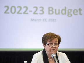 Finance Minister Donna Harpauer speaks at an embargoed news conference prior to the release of the Saskatchewan Budget in Regina, Wednesday, March 23, 2022.