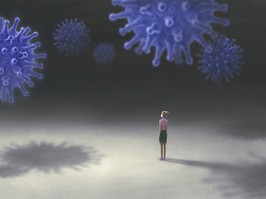 Corona virus, Covid-19 concept surreal artwork, painting illustration, lonely woman wearing facemask with floating virus