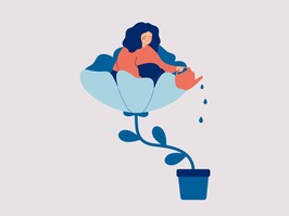 A happy woman sits in the flower and waters it. Smiling girl cares about herself and her future. Concept of love yourself and a healthy lifestyle. Vector illustration.