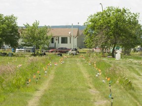Flags mark where ground-penetrating radar recorded hits of what are believed to be 751 unmarked graves in this cemetery near the grounds of the former Marieval Indian Residential School on the Cowessess First Nation, Sask., Saturday, June 26, 2021. An independent official appointed to help communities investigate unmarked graves at former residential school sites says she is exploring the idea of whether a special tribunal should prosecute or investigate related crimes.
