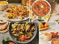 Clockwise from top left: Onion Kale Bhajias, Pav Bhaji, Mango Peach Chutney and Aloo Methi recipes from New Indian Basics