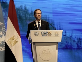 Israel's President Isaac Herzog, speaks during the COP27 U.N. Climate Summit, in Sharm el-Sheikh, Egypt, Monday, Nov. 7, 2022.