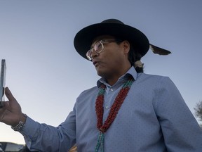 Buu Nygren, candidate for president of the Navajo Nation, speaks on a live stream via Facebook Live to his followers at the Tohatchi Chapter house in Tohatchi, N.M., Tuesday, Nov. 8, 2022.