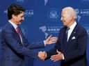 US President Joe Biden welcomes Prime Minister Justin Trudeau at the 9th Americas Summit in Los Angeles, California.
