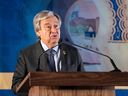 United Nations Secretary-General Antonio Guterres speaks during the United Nations Alliance of Civilizations Global Forum in Morocco's northern city of Fes.