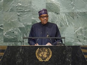 FILE - President of Nigeria Muhammadu Buhari addresses the 77th session of the United Nations General Assembly, Wednesday, Sept. 21, 2022 at U.N. headquarters. Nigeria has begun drilling oil and natural gas in the country's northern region, anticipating a boost to the nation's finances even as the new energy supplies face the threat from theft and extremist activity. President Muhammadu Buhari flagged off the drilling within Kolmani oil field on Tuesday, Nov. 22, 2022.