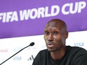Canada captain Atiba Hutchinson speaks to the media during a press conference ahead of their first match against Belgium at the World Cup in Doha, Qatar, Tuesday, Nov. 22, 2022.