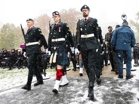 The honour guard march in Remembrance Day celebrations at Queen's Park in Toronto, Monday, Nov. 11, 2019. Ontario will mark Remembrance Day with a provincial ceremony at Queen's Park this morning hosted by Premier Doug Ford.