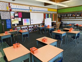 A grade two classroom is shown at Hunter's Glen Junior Public School which is part of the Toronto District School Board (TDSB) during the COVID-19 pandemic in Toronto, Monday, Sept. 14, 2020. A union representing 55,000 education workers set to strike says it hopes to hear back today from the government on a counter-offer made late Tuesday night.