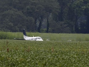 FILE - A stolen airplane rests in a field of soybeans after crash-landing near Ripley, Miss., on Sept. 3, 2022. Cory Wayne Patterson, 29, an airport worker who flew a stolen plane erratically over north Mississippi and threatened to crash into a Walmart in September, has died Monday, Nov. 14, 2022, in a federal prison in Miami, where he was being held while awaiting trial.