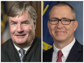FILE - This combo of images provided the North Carolina Administrative Office of the Courts, left, and the Trey Allen Campaign, shows Associate Justice Sam Ervin IV, left, a Democrat and Trey Allen, general counsel for the state court system. Allen defeated Ervin IV for his seat on Nov. 10, 2022. (North Carolina Administrative Office of the Courts via AP, File)
