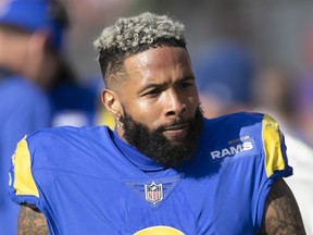 FILE - Los Angeles Rams wide receiver Odell Beckham Jr. walks on the sideline during a NFL divisional playoff football game against the Tampa Bay Buccaneers on Jan. 23, 2022, in Tampa, Fla. Beckham Jr. was removed by police from an aircraft before takeoff at Miami International Airport after officials said he failed to respond to requests to buckle his seatbelt and appeared to be unconsciousness, police and airline officials said Sunday, Nov. 27, 2022.