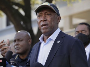 FILE - Houston Mayor Sylvester Turner speaks during a news conference Nov, 6, 2021, in Houston. Houston Mayor Sylvester Turner revealed Wednesday, Nov. 2, 2022 that he underwent surgery and six weeks of radiation therapy during the summer for bone cancer in his jaw during the summer.
