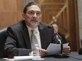 FILE - Then-Census Bureau Director nominee Robert Santos, testifies before the Senate Homeland Security and Governmental Affairs committee, July 15, 2021, on Capitol Hill in Washington. Santos is defending a new tool meant to protect the privacy of people who participate in the statistical agency's questionnaires against a call to abandon it by prominent researchers and demographers who claim it jeopardizes the usability of numbers that are the foundation of the nation's data infrastructure.