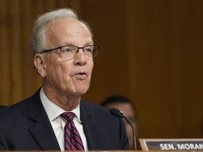 FILE - U.S. Sen. Jerry Moran, R-Kan., speaks during a Senate Appropriations subcommittee hearing May 3, 2022, on Capitol Hill in Washington. Neither major party expects Kansas Republican Moran to have any trouble winning a third term to the U.S. Senate on Election Day, Tuesday, Nov. 8.
