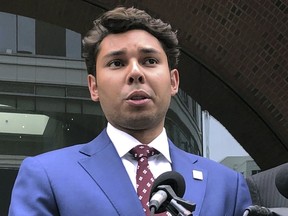 FILE - Fall River Mayor Jasiel Correia speaks outside the federal courthouse in Boston after his appearance on bribery, extortion and fraud charges on Sept. 6, 2019. On Monday, Nov. 28, 2022, a federal appeals court upheld the extortion and fraud convictions of the once-celebrated young Massachusetts mayor who was found guilty of extorting hundreds of thousands of dollars from marijuana businesses.