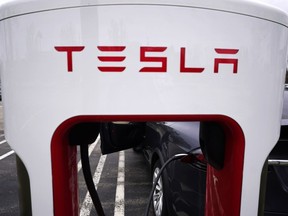 FILE - Tesla Supercharger is seen at Willow Festival shopping plaza parking lot in Northbrook, Ill., on May 5, 2022. New electric vehicle models from multiple automakers are starting to chip away at Tesla's dominance of the U.S. EV market, according to national vehicle registration data.