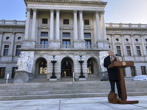 Philadelphia District Attorney Larry Krasner talks about Republican-led efforts to investigate his record addressing crime and gun violence on the front steps of the Pennsylvania Capitol in Harrisburg on Friday, Oct. 21. 2022. Krasner said he believes lawmakers could be voting on an impeachment effort in the state House as early as next week.