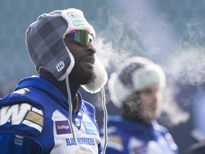 Winnipeg Blue Bombers defensive lineman Willie Jefferson blows a bit of steam during a walk through in Regina, Saturday, Nov. 19, 2022. Jefferson expects to sign a contract extension with the Blue Bombers soon.THE CANADIAN PRESS/Paul Chiasson