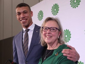 Co-leadership candidates Jonathan Pedneault and Elizabeth May pose for a photo before the new leader of the Green Party is chosen in Ottawa on Saturday, November 19, 2022.