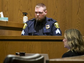Euclid, Ohio police Sgt. Matthew Rhodes testifies Tuesday, Oct. 25, 2022, in the civil trial over his shooting and killing of Luke Stewart in March 2017. Rhodes, who fatally shot Stewart a Black driver during a struggle inside a car in 2017, must pay his family $4.4 million, a jury awarded Tuesday, Nov. 1, 2022.