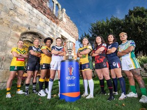 Rugby League World Cup captains including Canada's Gabrielle Hindley (third from right) are shown in a handout photo in England. The Canada Ravens open play Tuesday at the Women's Rugby League World Cup against Papua New Guinea, the team they beat at the 2017 tournament to post their first-ever international win. The women's field has grown to eight this year with the addition of Brazil and France. THE CANADIAN PRESS/HO-Rugby League World Cup **MANDATORY CREDIT**