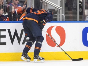 Edmonton Oilers' Leon Draisaitl (29) is injured during second period NHL conference finals action against the Colorado Avalanche, in Edmonton on Monday, June 6, 2022.